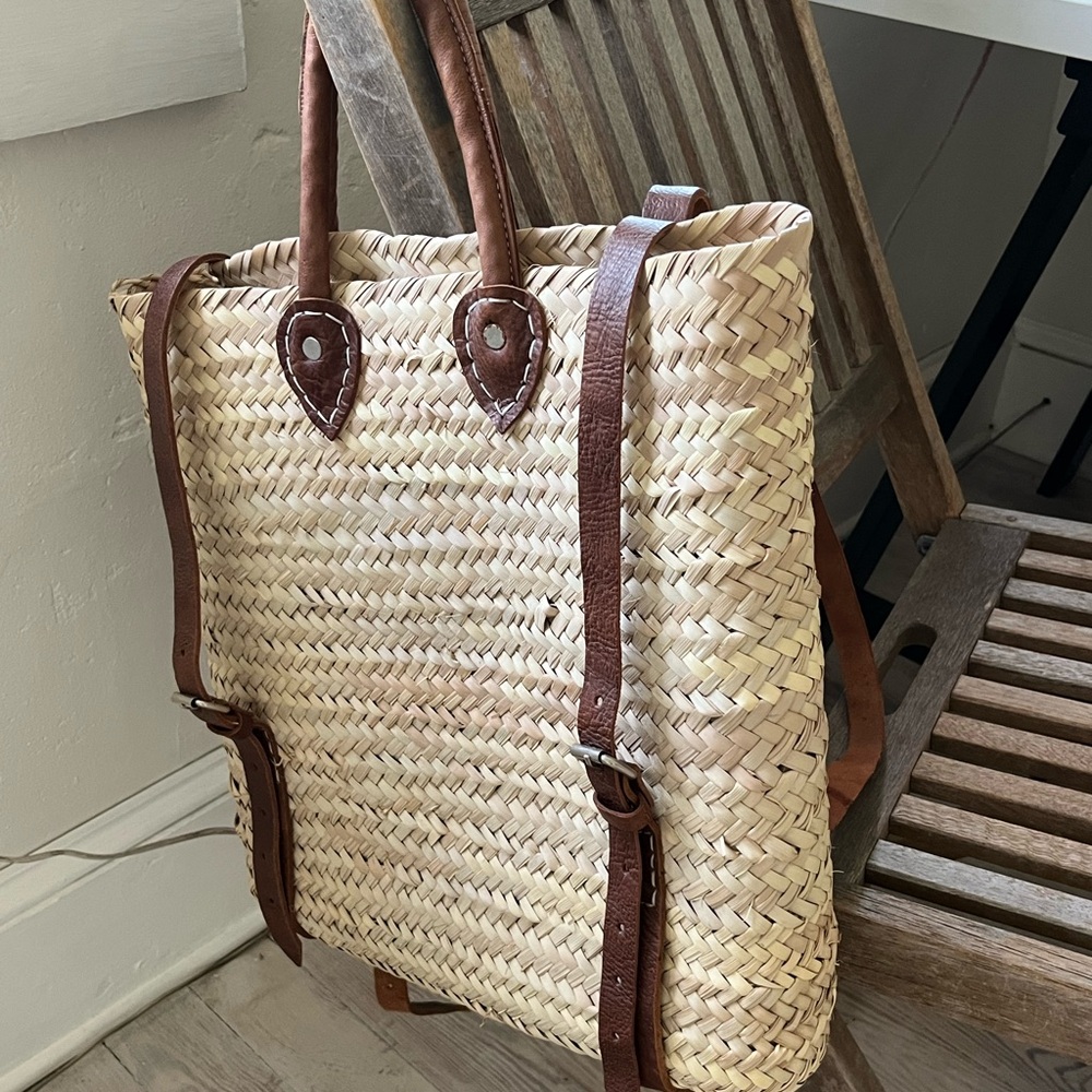 Woven Straw Backpack Tote with Brown Leather Straps - Picture 6 of 11